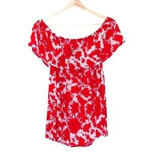 Kensie Red White Off-Shoulder Top Tie Dye Pattern Blouse Shirt — Size L